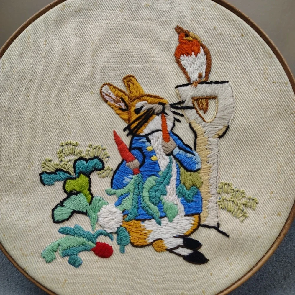 Vintage Needlepoint On Hoop Peter Rabbit In Garden Charming MCM Wall Hanging 8